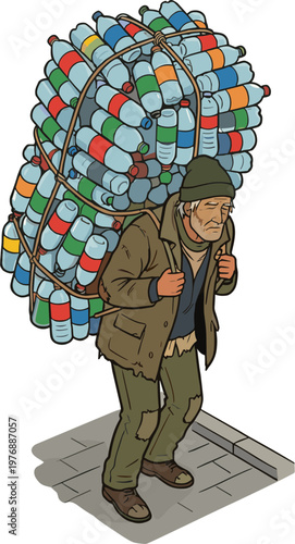 Man carrying a large colorful load of bottles on his back walks on sidewalk