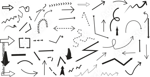 Collection of hand drawn arrows and scribble elements on white background