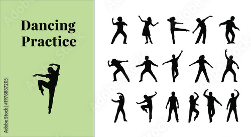 Collection of various silhouette people performing different energetic dance moves shown as a professional vector graphic design illustration