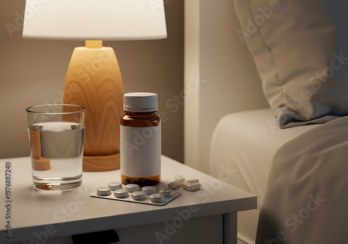 Nightstand with water glass lamp pill bottle and pills near bed