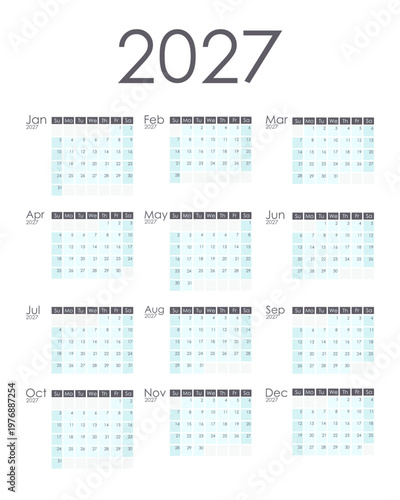 Comprehensive 2027 yearly calendar displayed in a clean white background with twelve monthly grids showing days of the week and dates in light blue and grey typography for planning and organization