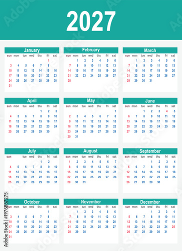Comprehensive 2027 calendar with twelve colorful monthly grids, showing days of the week and dates, designed with a teal header and white background