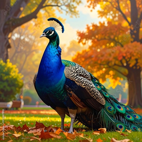 A vibrant peacock standing in a park with autumn leaves