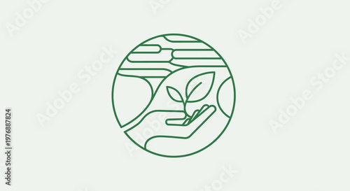 A hand cradles a small plant sprout symbolizing growth and environmental care within a circular green outline.