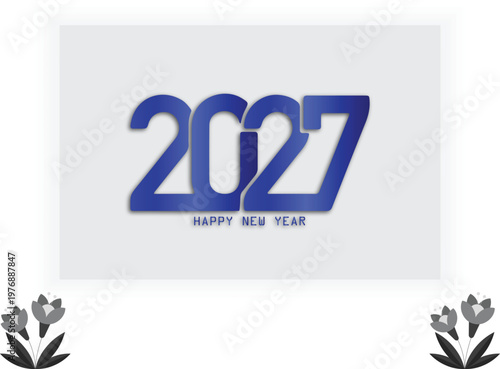 Bold blue 2027 numerals with a subtle shadow effect and the accompanying text happy new year centered on a light gray background with decorative grey floral at the bottom
