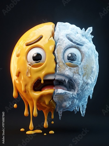 Emoji Character Split Between Melting Fire and Frozen Ice