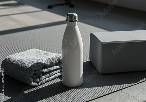 White water bottle and towel on exercise mat with block for wellness
