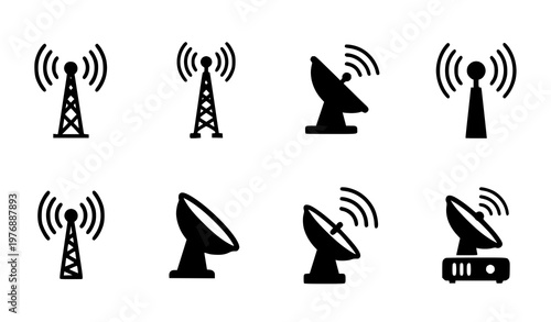Radio tower signal icon collection vector telecommunication base station isolated on white background