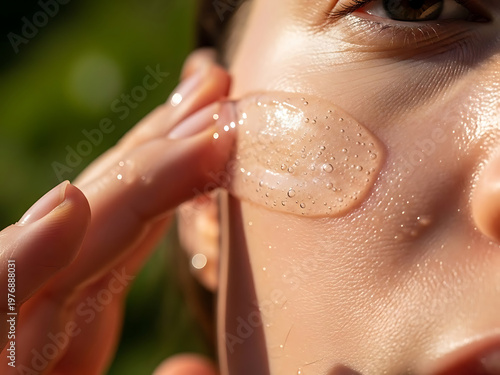 Woman applying cosmetic product on skin close up beauty treatment
