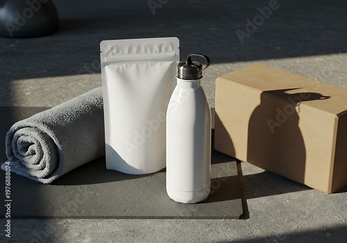 Workout essentials arrangement featuring water bottle package and rolled towel
