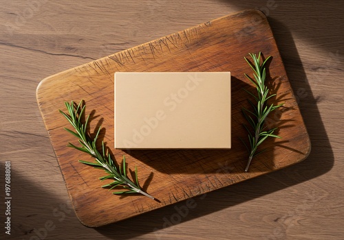Wooden cutting board with blank box and rosemary sprigs for product display