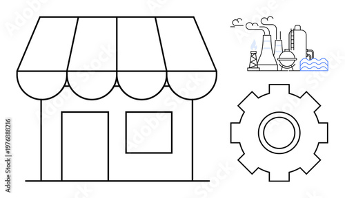 Business growth, manufacturing efficiency, industrial processes, trade, innovation, sustainability. Factory, shopfront and gear line art. Business growth and manufacturing efficiency concepts