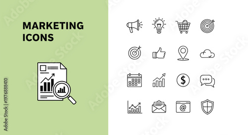 A comprehensive collection of vector line marketing icons for digital promotion, business analytics, and creative graphic design projects.