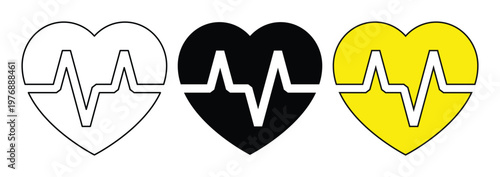 Heartbeat pulse line icons, medical heart rate monitor symbols, set of 3 vector cardiogram health signs