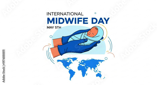 International Midwife Day May 5 Banner with Newborn Baby and Hands