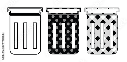 Minimalist trash can icons set, black and white garbage bin vector collection, patterned waste basket symbols