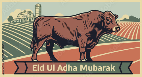 Eid Ul Adha Mubarak Greeting with a Majestic Bull in a Rural Farm Field