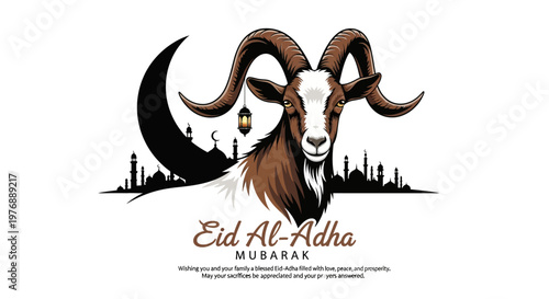 Elegant stylized graphic celebrating a significant religious observance, featuring a majestic horned animal, symbolic crescent moon, and intricate mosque architecture, conveying spiritual festivity