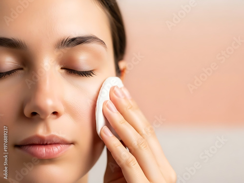 Woman cleansing face with cotton pad against transparent background