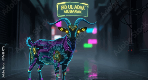 Cyberpunk Ram with Neon Eyes and Circuitry, Celebrating Eid Ul Adha Mubarak in a Futuristic Cityscape