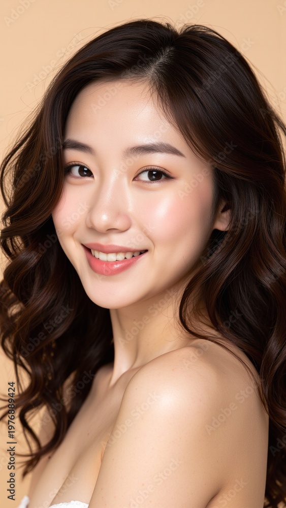 Obraz premium Radiant Asian Beauty with Curly Hair and Korean Glow-Up Portrait