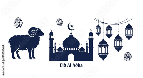 Happy Eid Al Adha Celebration with Mosque, Sheep, and Ramadan Lanterns