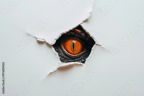 Close-up macro photography of a physical 3D sculptural , surface violently torn open from within, through the tear a massive dragon eye 