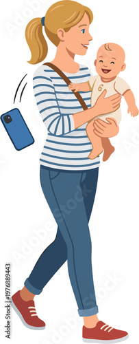 A woman walks while holding a baby in her arms outside