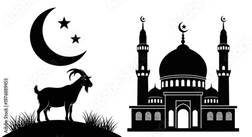Illustrations of a goat under a crescent moon and stars alongside a mosque, symbolizing Islamic culture and traditions