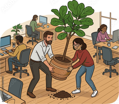 Colleagues moving large potted plant across office floor together carefully