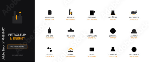 Modern Petroleum and Energy Business Icons Set Fuel Industry Production Processing Logistics Design Elements