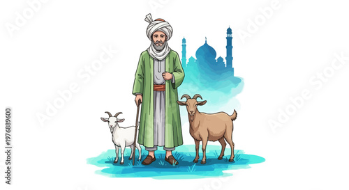 Traditional Middle Eastern man with goats and Islamic architecture in the background, illustration