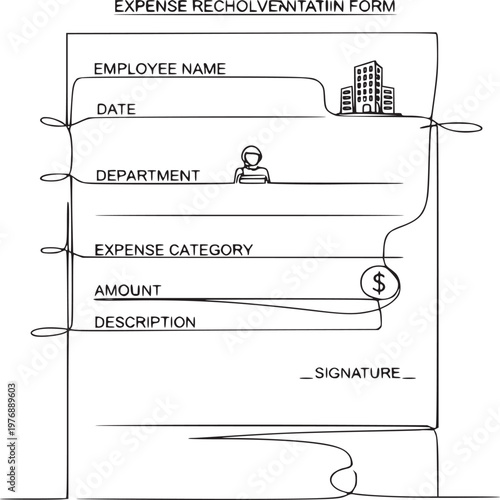 Hand filling out expense reimbursement form with office cityscape doodle illustration
