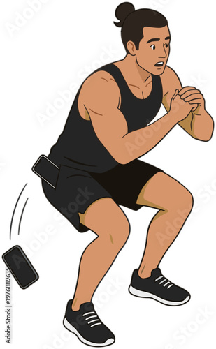 Man doing squats in gym with phone falling from pocket