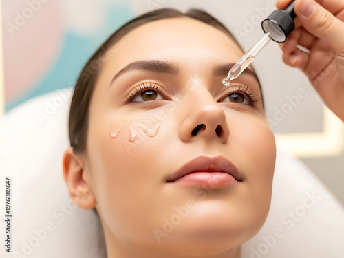 Woman receiving cosmetic treatment with pipette application skincare product