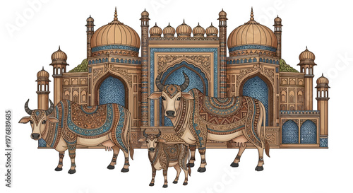 Indian Sacred Cows and Ornate Islamic Architecture with Traditional Patterns