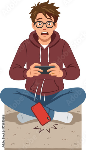 A young man sitting cross-legged shocked while playing video games on his console.