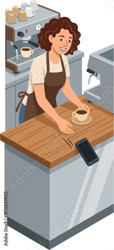 A woman prepares coffee in a cafe with a wooden counter and espresso machine.