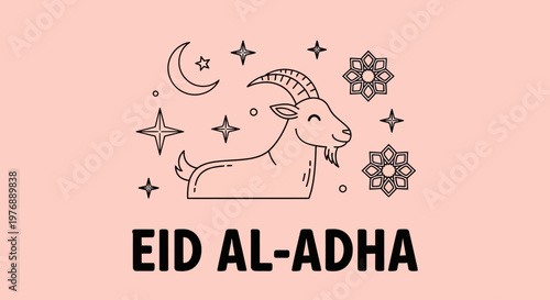 Eid al-Adha Islamic holiday greeting with goat illustration and celestial elements