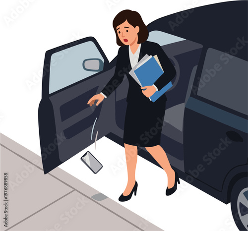 Businesswoman gets out of car on sidewalk with phone dropped