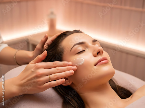 Woman receiving facial skincare treatment with cream application spa relaxation