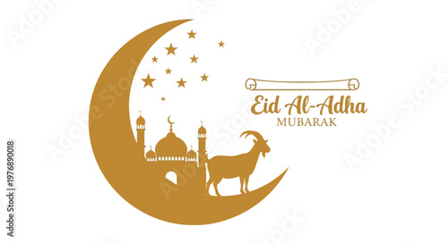 Eid Al-Adha Mubarak Greeting Card with Mosque, Crescent Moon and Goat Silhouette Illustration