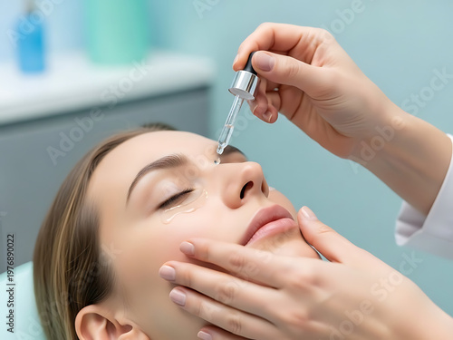 Woman receiving facial treatment with cosmetic serum for skin care