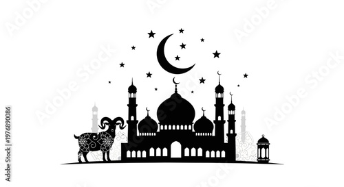 Islamic Celebration Silhouette Mosque, Ram, and Crescent Moon with Stars and Lantern on White Background