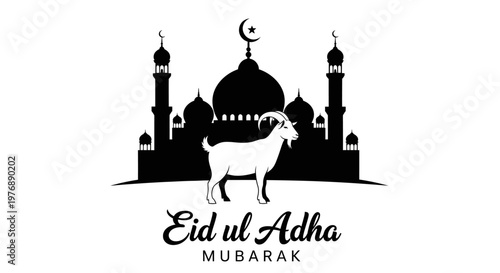 Eid ul Adha Mubarak featuring a silhouette of a mosque and a goat illustration