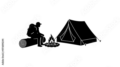 Silhouette Camper by Campfire with Tent