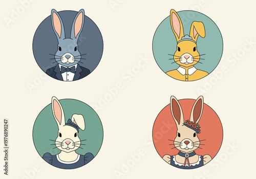 Set of 4 Anthropomorphic Bunny Portraits in Vintage Style - Cute Rabbit Characters in Tuxedos and Elegant Dresses for Easter Designs and Avatars