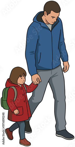 A man walks with a little girl on a street
