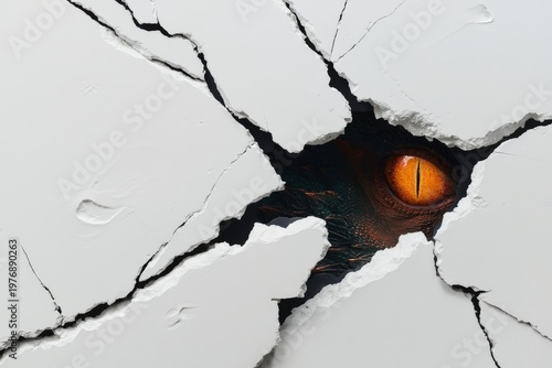 Close-up macro photography of a physical 3D sculptural , surface violently torn open from within, through the tear a massive dragon eye 
