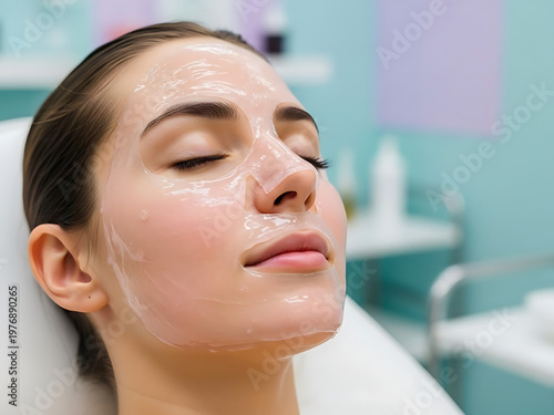Woman relaxing with facial mask during spa treatment transparent background
